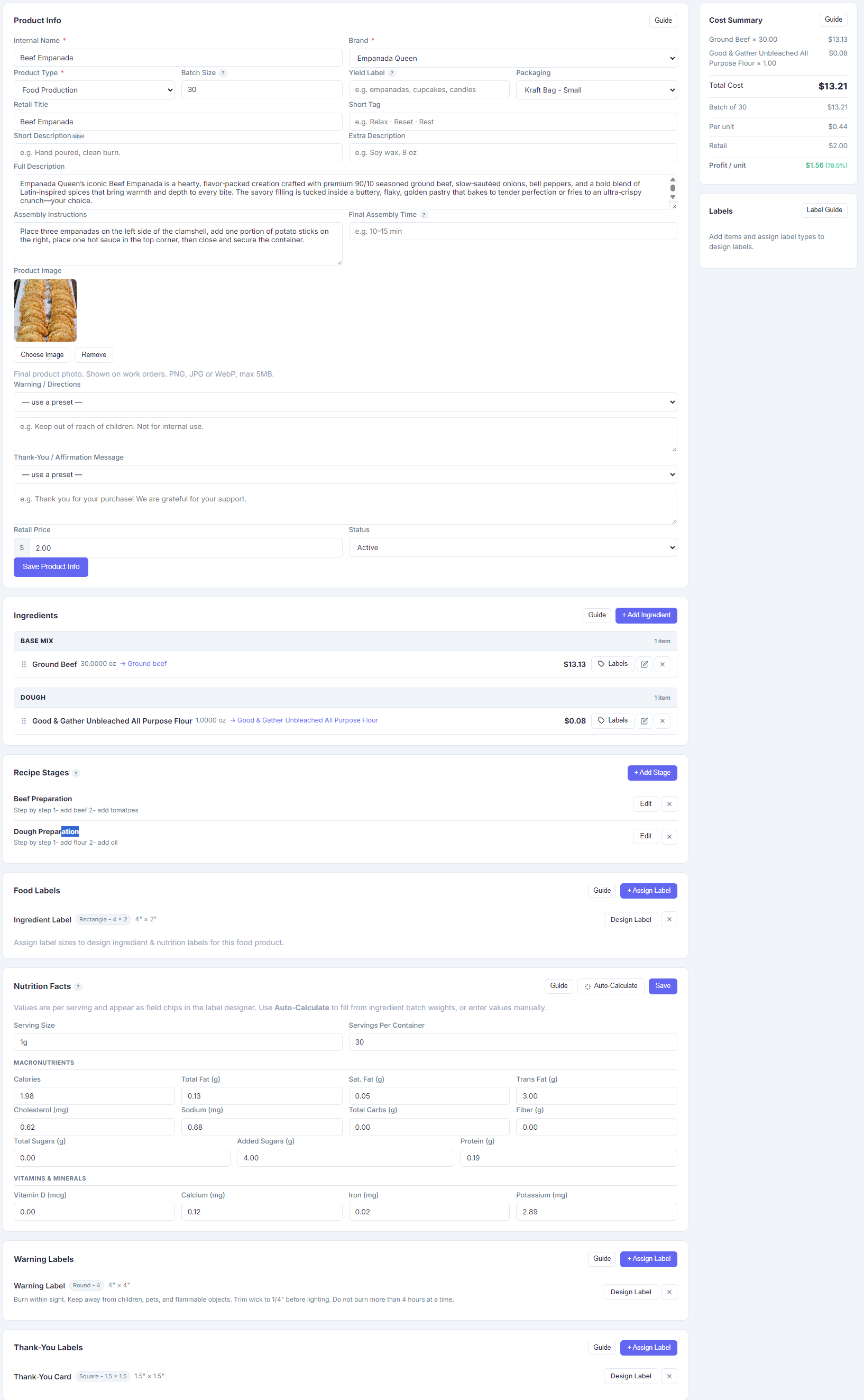 Cottage food recipe costing in BulkWork Suite