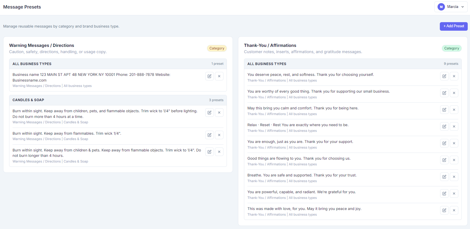 Reusable gift box messages and direction presets