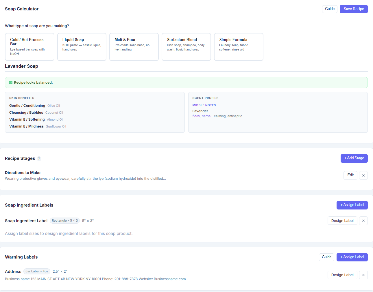 Soap making calculator in BulkWork Suite